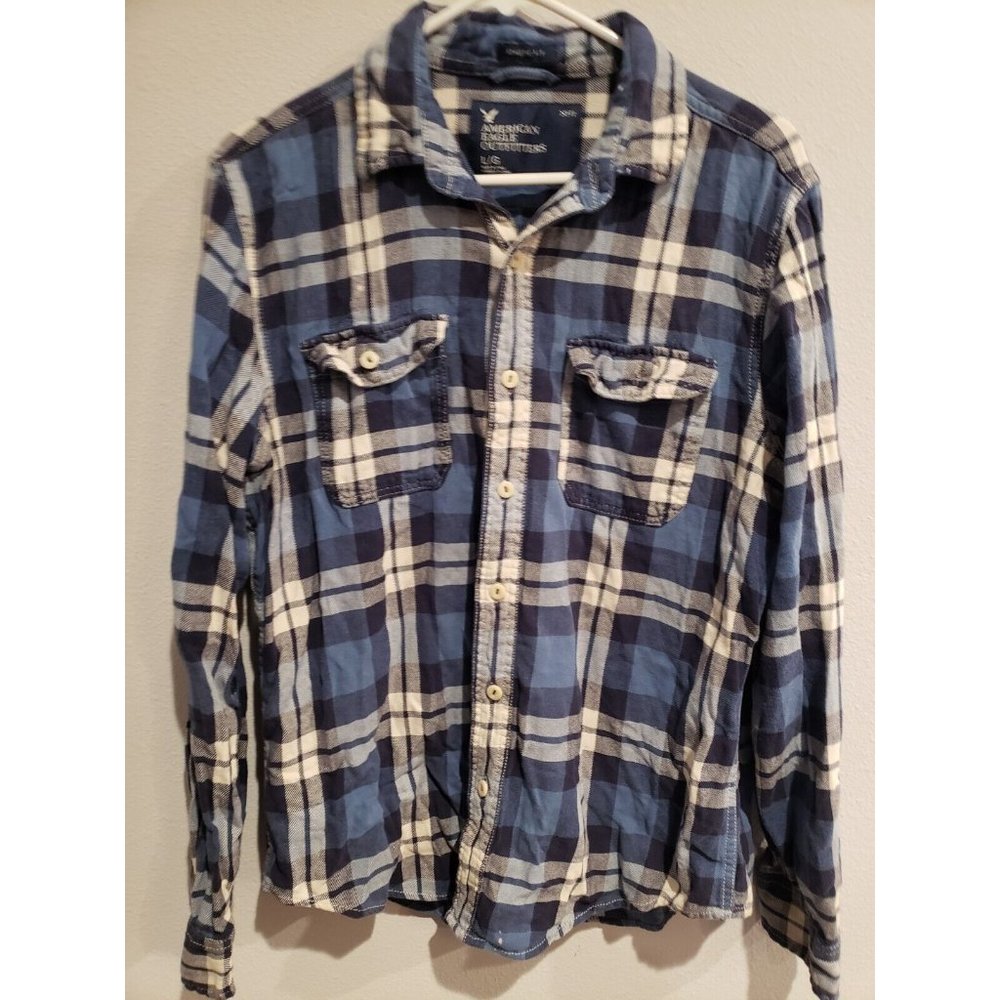 Men's L American Eagle button down long sleeve flannel plaid shirt: Athletic fit